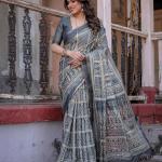 Printed Grey Linen Saree for Women with Multicolor Pallu and Ethnic Border – Lightweight Casual Wear