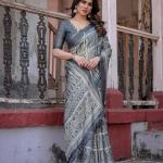 Printed Grey Linen Saree for Women with Multicolor Pallu and Ethnic Border – Lightweight Casual Wear