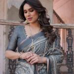 Printed Grey Linen Saree for Women with Multicolor Pallu and Ethnic Border – Lightweight Casual Wear