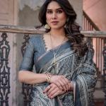 Printed Grey Linen Saree for Women with Multicolor Pallu and Ethnic Border – Lightweight Casual Wear