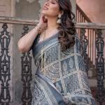 Printed Grey Linen Saree for Women with Multicolor Pallu and Ethnic Border – Lightweight Casual Wear