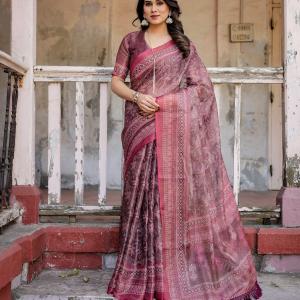 Printed Onion Linen Saree for Women with Multicolor Pallu and Ethnic Border – Lightweight Casual Wear