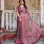 Printed Onion Linen Saree for Women with Multicolor Pallu and Ethnic Border – Lightweight Casual Wear