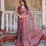 Printed Onion Linen Saree for Women with Multicolor Pallu and Ethnic Border – Lightweight Casual Wear