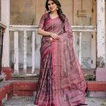 Printed Onion Linen Saree for Women with Multicolor Pallu and Ethnic Border – Lightweight Casual Wear
