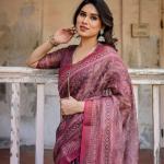 Printed Onion Linen Saree for Women with Multicolor Pallu and Ethnic Border – Lightweight Casual Wear