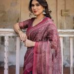 Printed Onion Linen Saree for Women with Multicolor Pallu and Ethnic Border – Lightweight Casual Wear