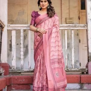 Printed Peach Color Linen Saree for Women with Multicolor Pallu and Ethnic Border – Lightweight Casual Wear