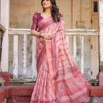 Printed Peach Color Linen Saree for Women with Multicolor Pallu and Ethnic Border – Lightweight Casual Wear