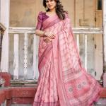 Printed Peach Color Linen Saree for Women with Multicolor Pallu and Ethnic Border – Lightweight Casual Wear