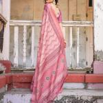Printed Peach Color Linen Saree for Women with Multicolor Pallu and Ethnic Border – Lightweight Casual Wear