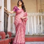 Printed Peach Color Linen Saree for Women with Multicolor Pallu and Ethnic Border – Lightweight Casual Wear