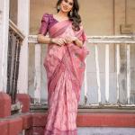 Printed Peach Color Linen Saree for Women with Multicolor Pallu and Ethnic Border – Lightweight Casual Wear