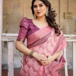 Printed Peach Color Linen Saree for Women with Multicolor Pallu and Ethnic Border – Lightweight Casual Wear