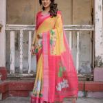 Elegant Multi-color Linen Saree with White Lotus Print & Silver Zari Border