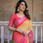 Elegant Multi-color Linen Saree with White Lotus Print & Silver Zari Border