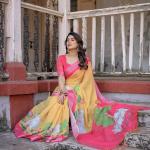 Elegant Multi-color Linen Saree with White Lotus Print & Silver Zari Border