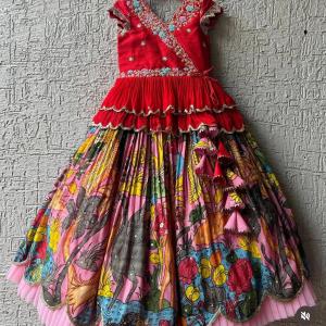 Girls Premium Handcrafted Red Embroidered Top & Multicolour Printed Lehenga