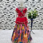 Girls Premium Handcrafted Red Embroidered Top & Multicolour Printed Lehenga