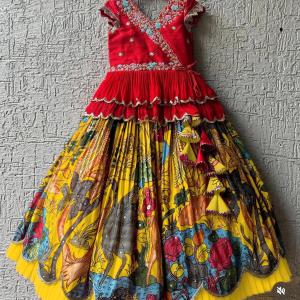Girls Red Embroidered Top with Yellow Multicolour Artistic Print Lehenga