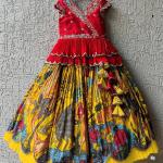 Girls Red Embroidered Top with Yellow Multicolour Artistic Print Lehenga
