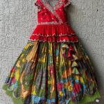 Girls Red Embroidered Top with Green Multicolour Artistic Print Lehenga
