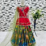Girls Red Embroidered Top with Green Multicolour Artistic Print Lehenga