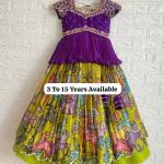 Girls Purple Embroidered Top with Lime Green Multicolour Traditional Print Lehenga