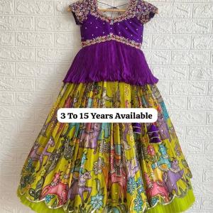 Girls Purple Embroidered Top with Lime Green Multicolour Traditional Print Lehenga