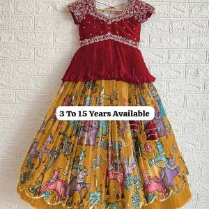 Designer Maroon Embroidered Top with Mustard Pleated Printed Lehenga for Girls