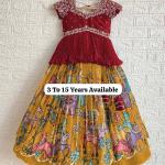 Designer Maroon Embroidered Top with Mustard Pleated Printed Lehenga for Girls