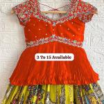 Girls Traditional Embroidered Lehenga Choli – Bright Orange Top & Printed Multicolor Skirt (Ages 3–15)