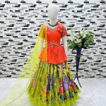 Girls Traditional Embroidered Lehenga Choli – Bright Orange Top & Printed Multicolor Skirt (Ages 3–15)