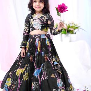 Black Floral Embroidered Kids Lehenga Choli