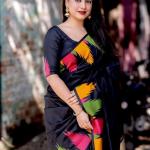 Black Lichi Silk Saree with Multicolor Abstract Floral Print – Perfect for Casual and Festive Occasions