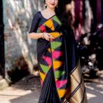 Black Lichi Silk Saree with Multicolor Abstract Floral Print – Perfect for Casual and Festive Occasions