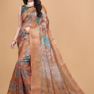 Elegant Printed Silk Saree with Golden Border | Traditional Indian Saree for Weddings & Festivals