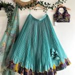 Girls Aqua Blue Pleated Lehenga Choli with Printed Border and Designer Blouse
