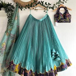 Girls Aqua Blue Pleated Lehenga Choli with Printed Border and Designer Blouse