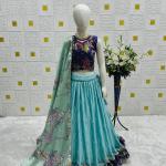 Girls Aqua Blue Pleated Lehenga Choli with Printed Border and Designer Blouse