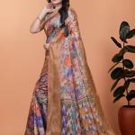 Elegant Printed Silk Saree with Golden Border | Floral & Geometric Design for Weddings & Festive Occasions