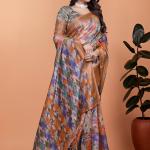 Elegant Printed Silk Saree with Golden Border | Floral & Geometric Design for Weddings & Festive Occasions