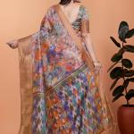 Elegant Printed Silk Saree with Golden Border | Floral & Geometric Design for Weddings & Festive Occasions