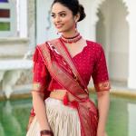 Glamgait Cream Patola Lehenga Choli with Red Banarasi Dupatta