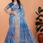 Elegant Blue Printed Silk Saree with Silver Border | Floral & Geometric Design for Weddings & Festive Occasions