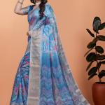 Elegant Blue Printed Silk Saree with Silver Border | Floral & Geometric Design for Weddings & Festive Occasions