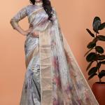 Elegant Beige Soft Silk Saree with Multicolor Floral Print & Golden Zari Border