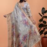 Elegant Beige Soft Silk Saree with Multicolor Floral Print & Golden Zari Border