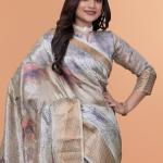 Elegant Beige Soft Silk Saree with Multicolor Floral Print & Golden Zari Border