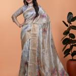 Elegant Beige Soft Silk Saree with Multicolor Floral Print & Golden Zari Border